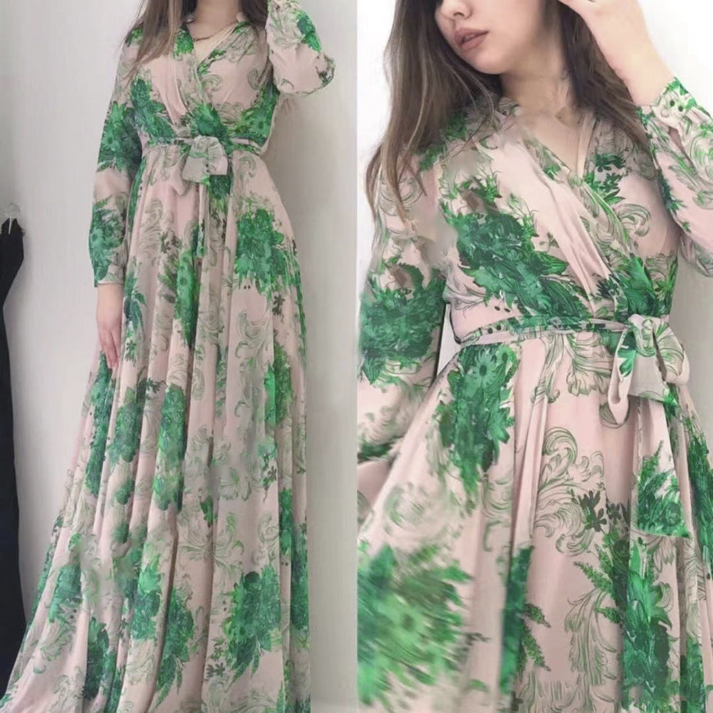 African cross-border e-commerce women's chiffon vintage print fashionable slimming versatile long sleeve maxi dress