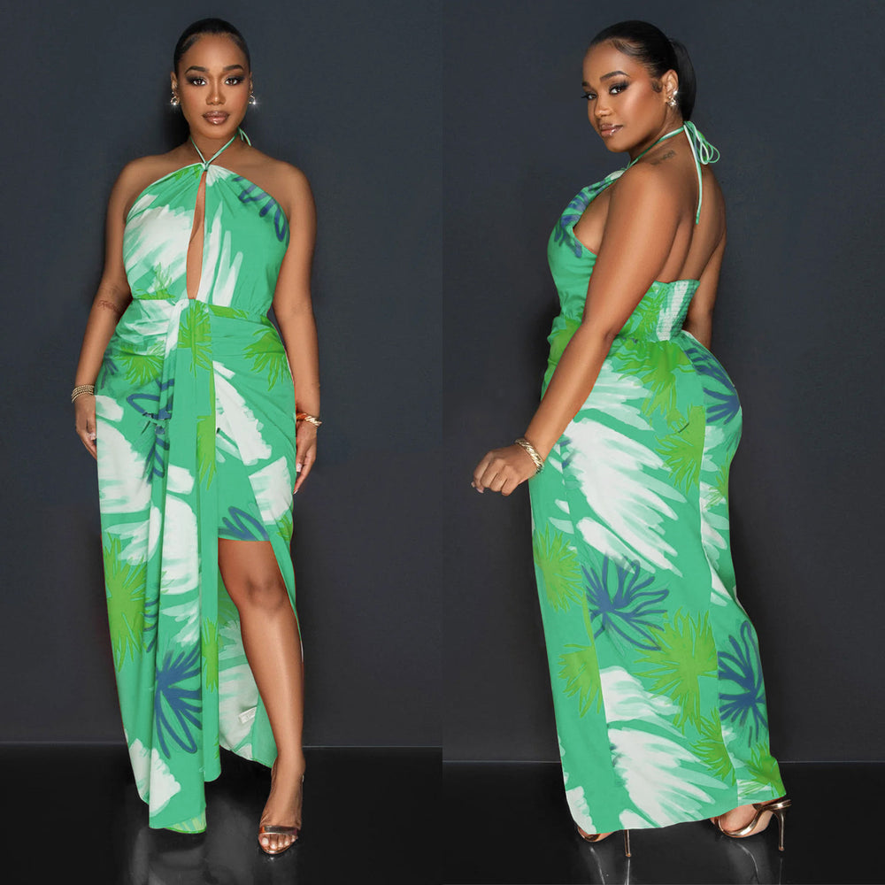 C6921 cross-border   independent station fashionfashion women's backless tie back printing dress length