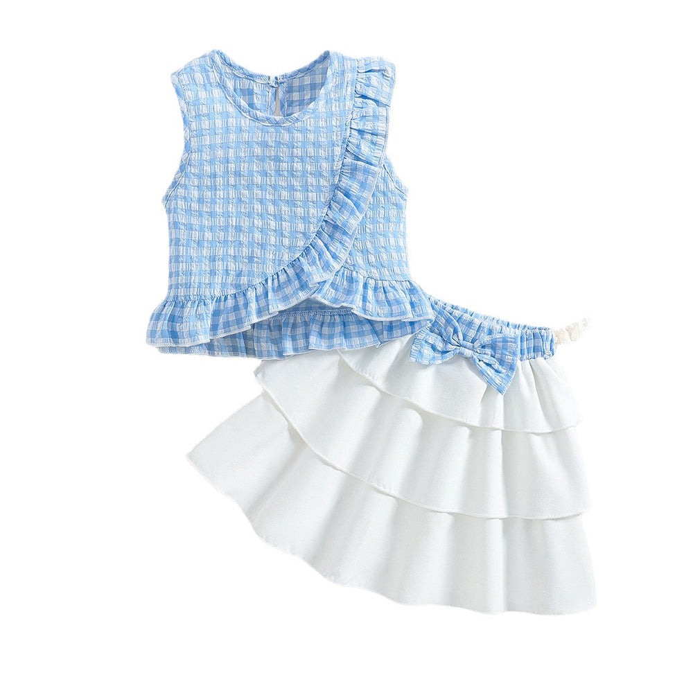 summer girls' skirt set: blue and white plaid sleeveless ruffle top with white tiered skirt - two-piece outfit for kids