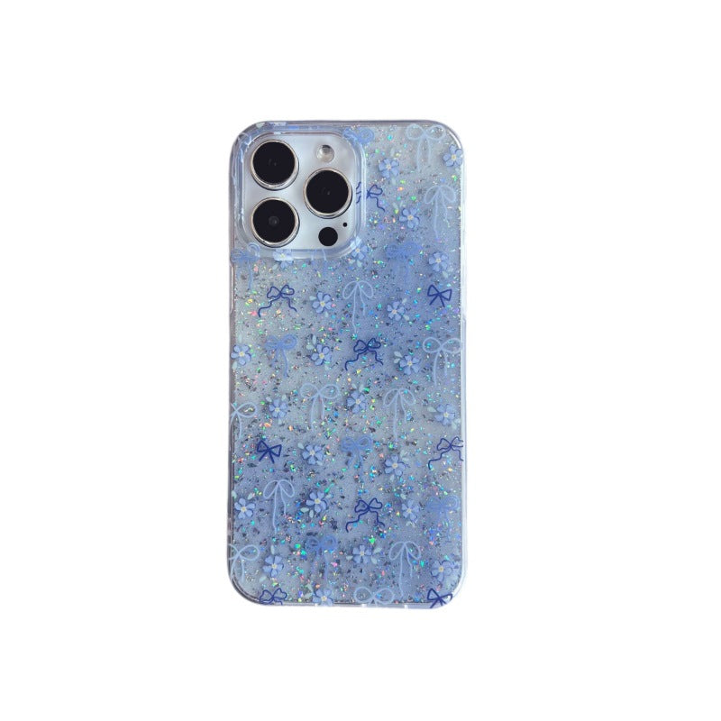 Suitable for iphone17promax blue butterfly flower mobile phone case glue glitter apple 16 anti-fall protective cover