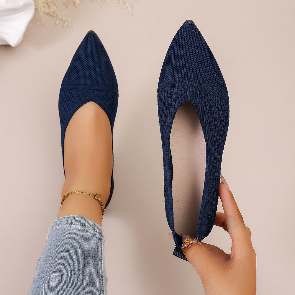 new pointed-toe knitted flats: women's solid color casual slip-on breathable flyknit all-season work shoes