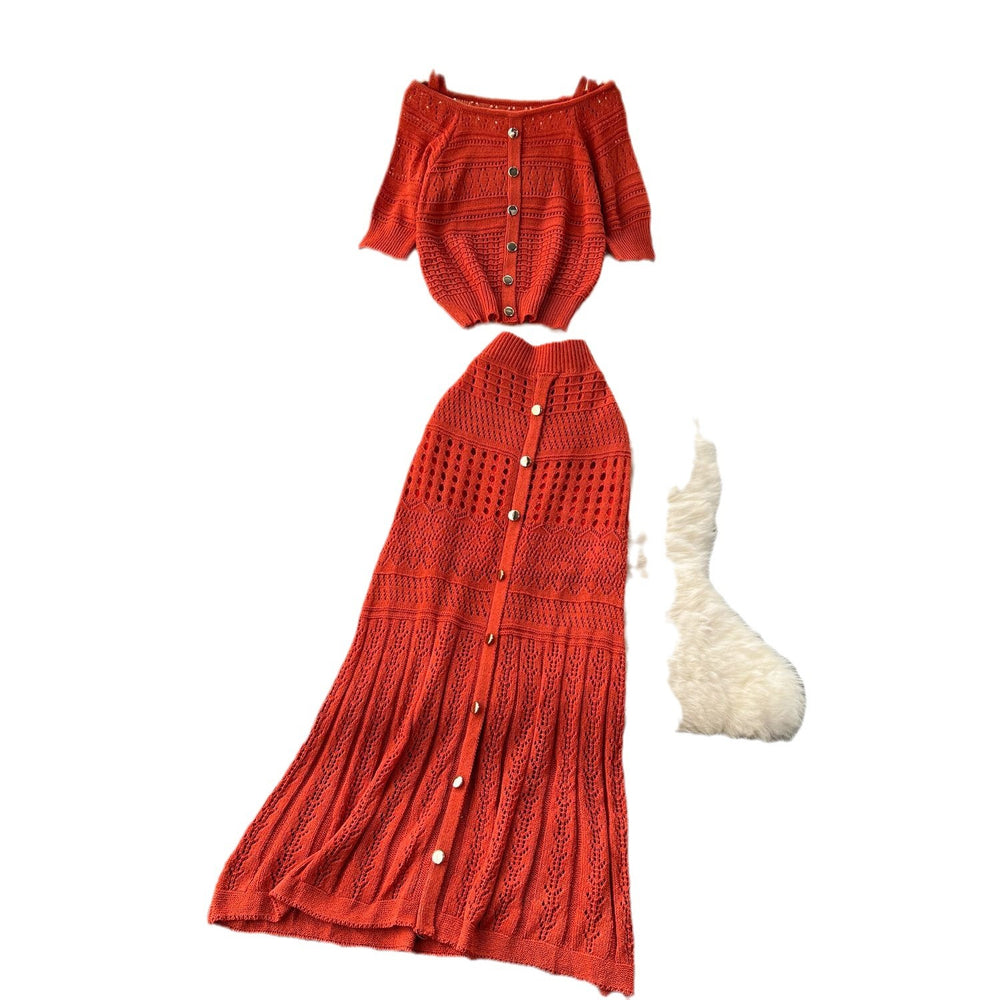 Niche styleretrocut out hook flower off-shoulder suspender knitting shirttopstwo-piece set women's easiest for match medium long skirt