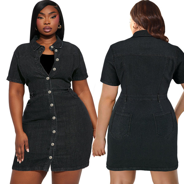 F218501 Cross-border large-size women's clothing lapel short-sleeved button short denim dress source factory direct sales