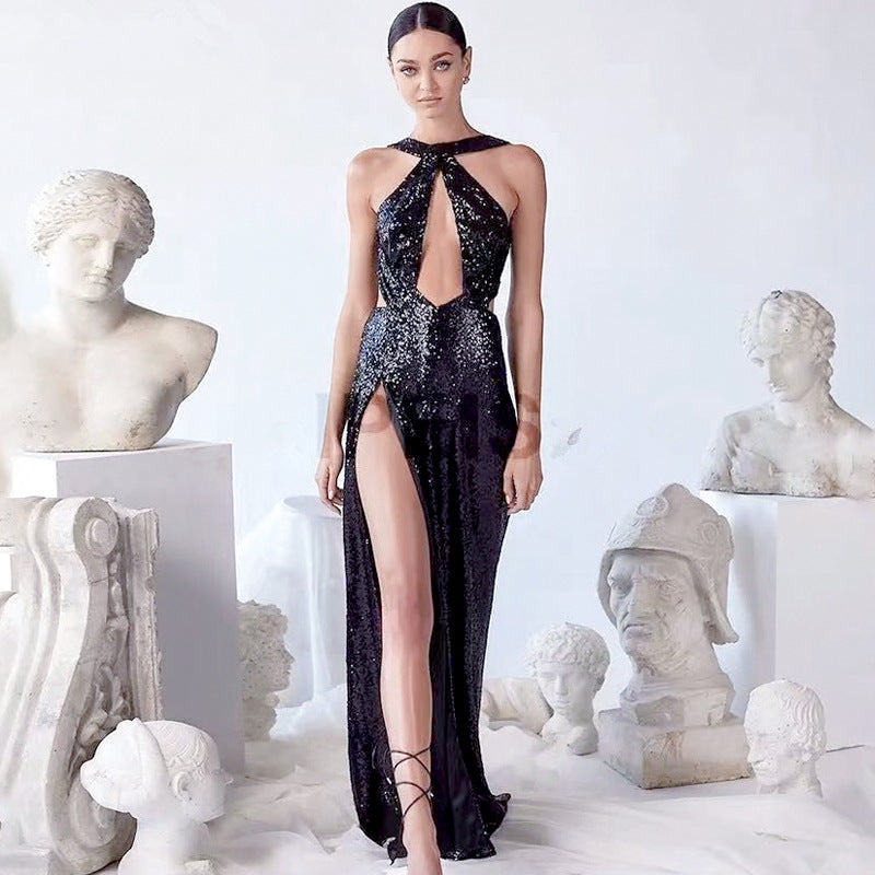 2025 spring cross-border sexy party sequin irregular elegant evening gown women's european and american amazon halter dress