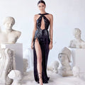 2025 spring cross-border sexy party sequin irregular elegant evening gown women's european and american amazon halter dress