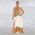 C6263 cross-border   fashion women's color block tie-up sleeveless bandeau maxi dress