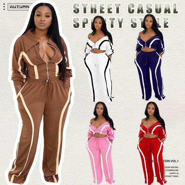 M3092  popular women's clothing autumn and winter contrasting color long-sleeved cardigan sports style two-piece fashion casual suit