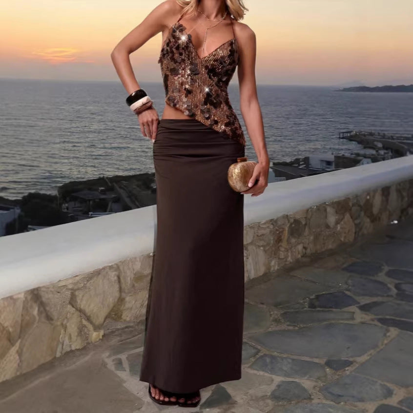 new arrivalpure color beaded suspender asymmetrical hem vacation vest hip-covering skirt suit