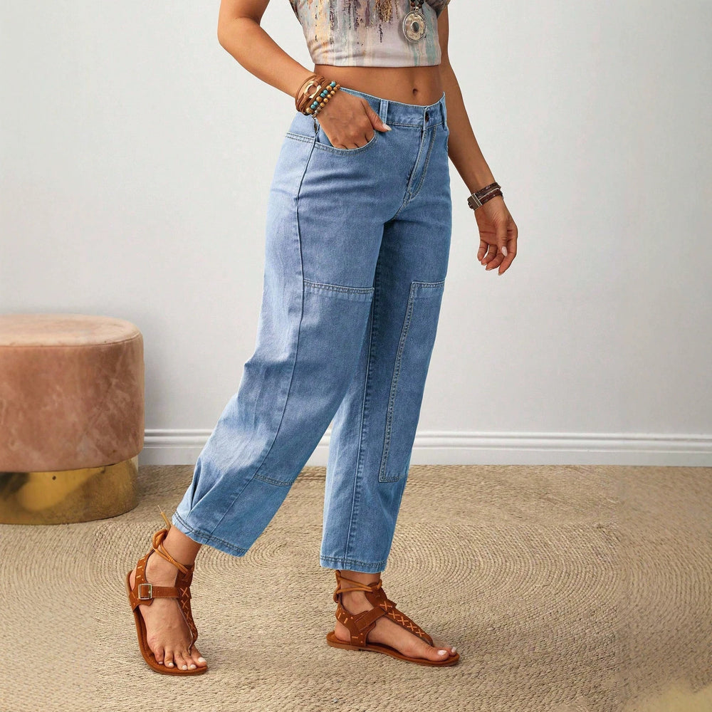 European and american cross-border casual patchwork denim jeans - women's washed loose straight-leg wide-leg pants