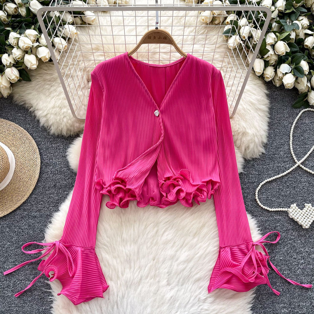 Women's long-sleeve blouse for cross-border e-commerce: new spring/autumn style with 3d ruffle trim, v-neck, pleated detail, and flared short sleeves