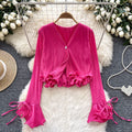 Women's long-sleeve blouse for cross-border e-commerce: new spring/autumn style with 3d ruffle trim, v-neck, pleated detail, and flared short sleeves