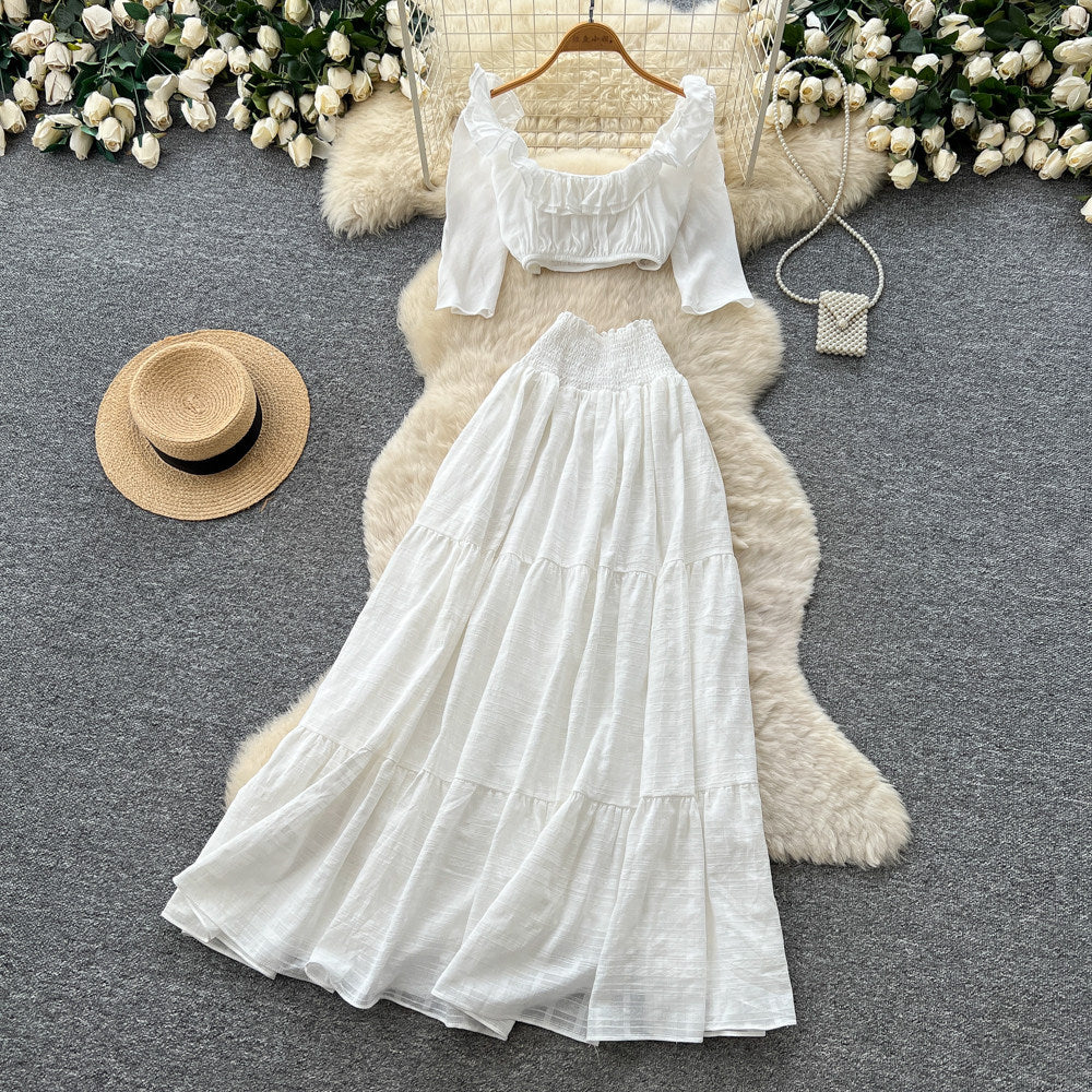 French romantic white square neck puff sleeve top and high-waisted tiered skirt two-piece set - summer vacation style