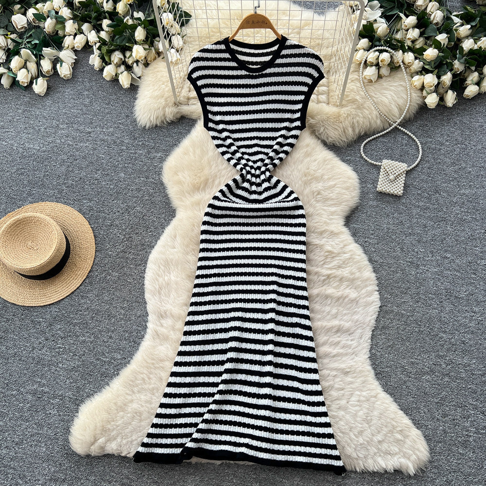 K-stylestripes sleeveless knittingeasiest for matchdress women's summer silm waist slimming lookwork clothingcasual long skirt