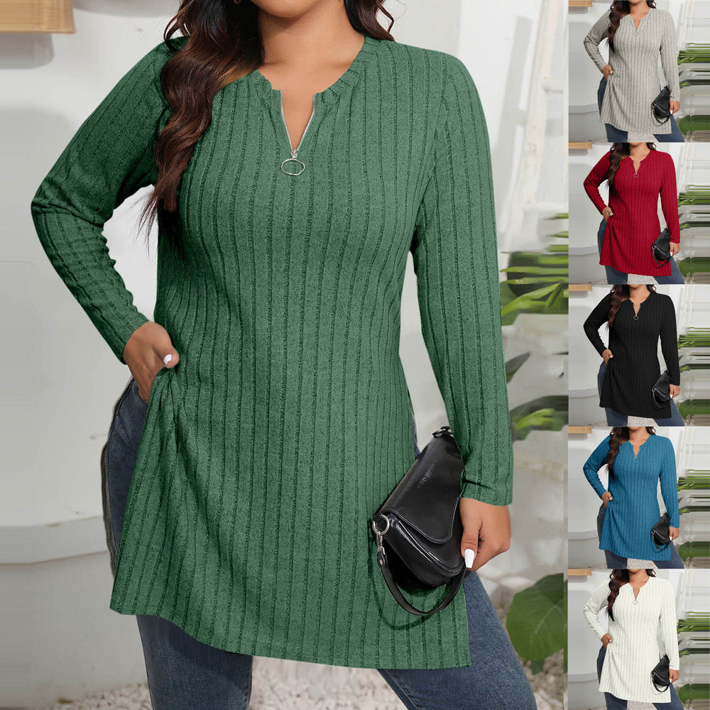 cross-border  women's casual solid color half-zip v-neck loose fit side slit long sleeve top