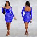 C6700 cross-border   fashion women's solid color mesh rhinestone long sleeve mini dress