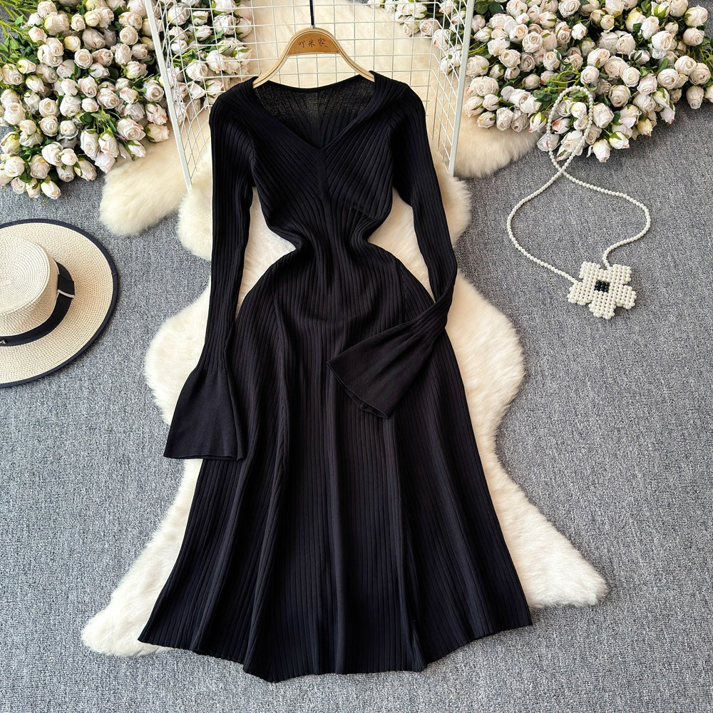 fall/winter new arrival: solid color slim-fit long sleeve knit a-line midi dress - women's base layer