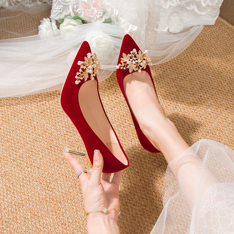 Autum wedding shoes for women with thick heels 2023 new arrival bride chinoiserie red fleece-lined xiuhe wedding dress two-wear high heels not tiring feet