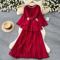 Heavy industry diamond-encrusted bell sleeves pleated sequindress women's red waist slimming look a-line large skirt qianjin style