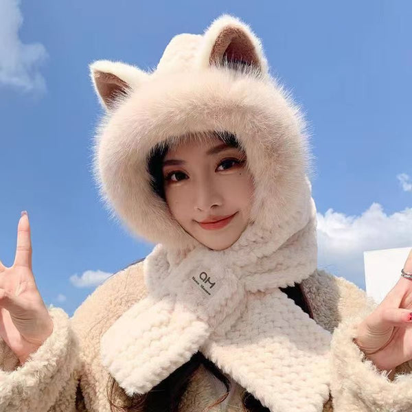 Winter new fox plush thermal hat children's scarf integrated cold-proof cute outdoor thickened warm two-piece set