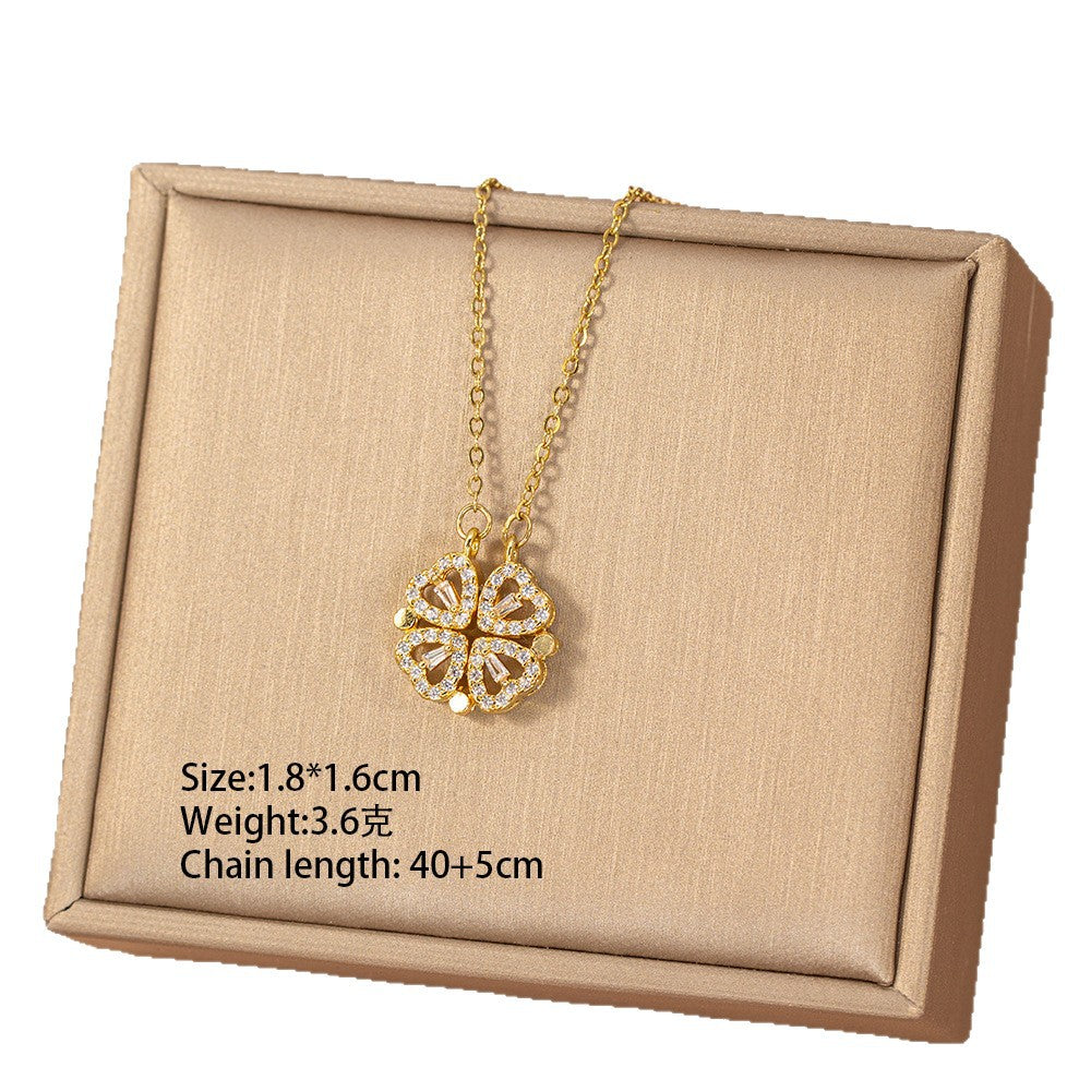 [titanium steel] fashion popular copper inlaid with diamonds four-leaf clover necklace accessible luxury niche high-end women's clavicle chain accessories