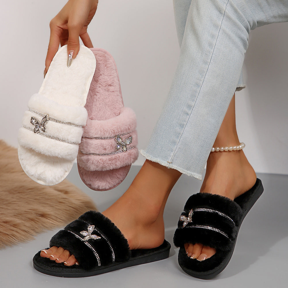 Rhinestone butterfly cotton slippers women's autumn winter new indoor and outdoor home plush warm slippers women's slippers