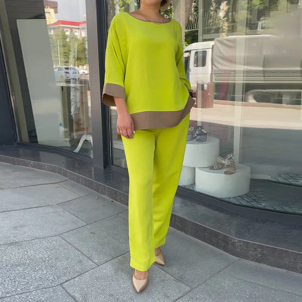 Spot 2025 new European and American  women's clothing loose large size casual round neck top shirt straight pants set