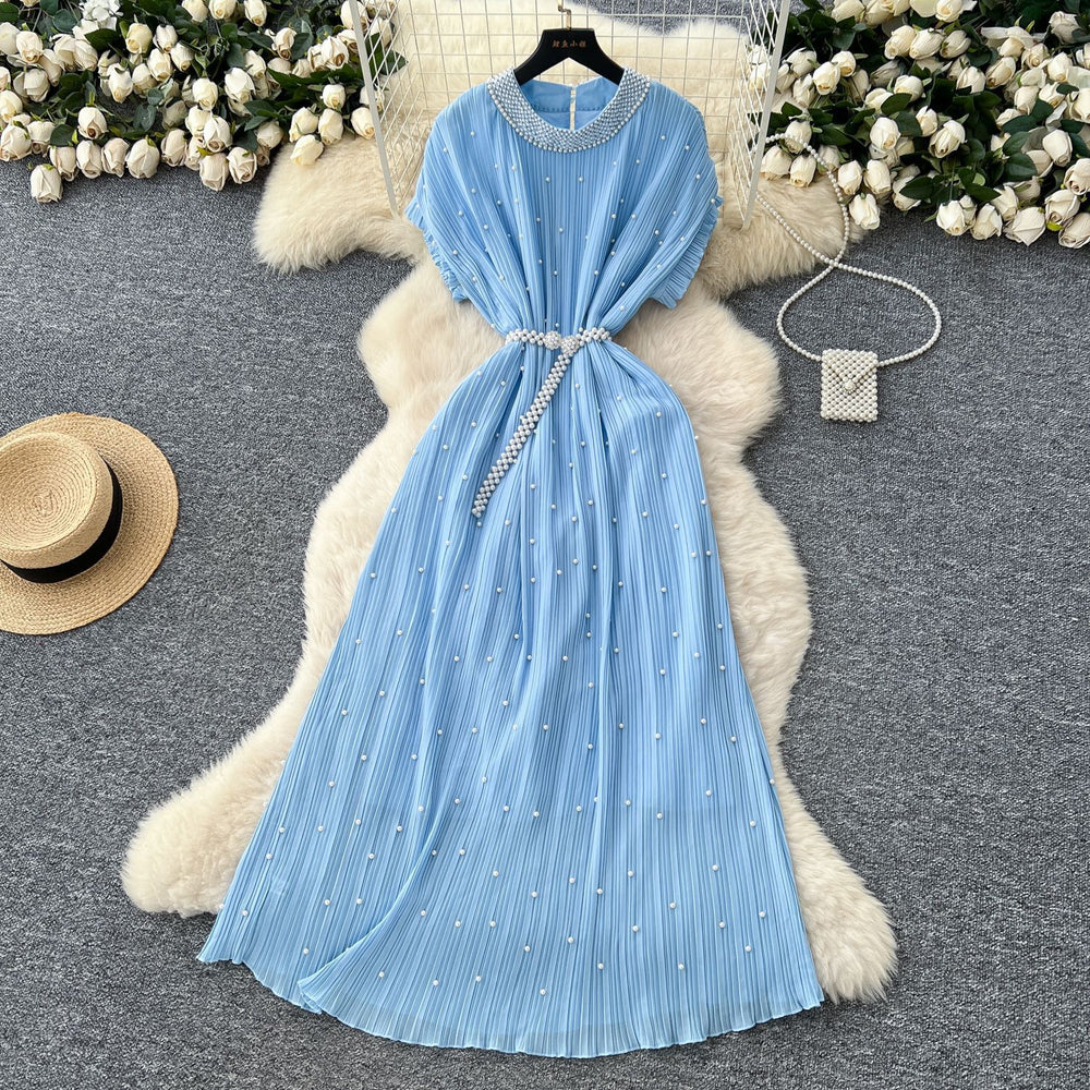 Frenchclassyelegant heavy industry beading round neck short sleeve pleated dress women's summer waist slimming lookelegant long skirt