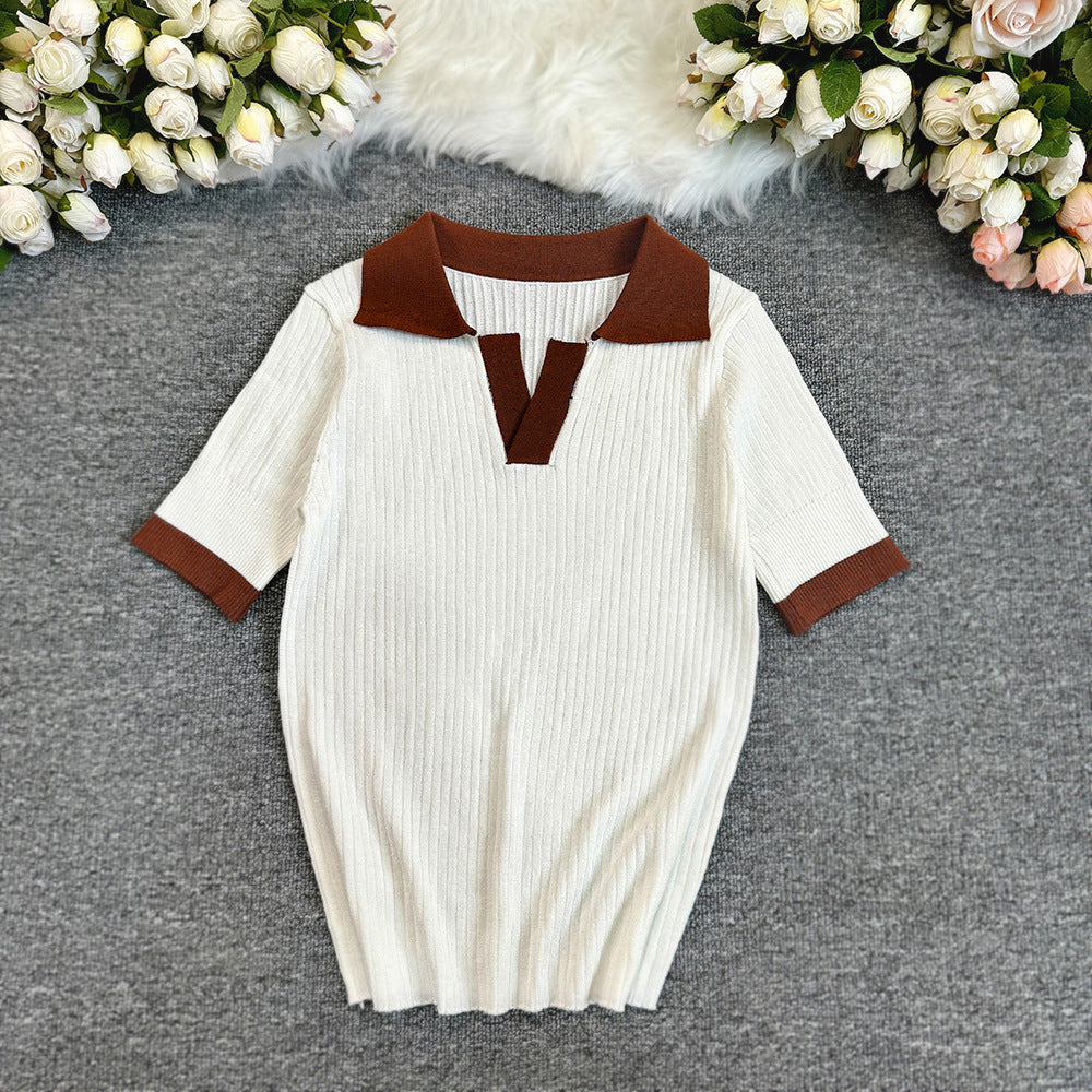 French polo collar color block knit top - women's summer slim fit short sleeve lightweight knit t-shirt - trendy outerwear