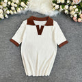 French polo collar color block knit top - women's summer slim fit short sleeve lightweight knit t-shirt - trendy outerwear