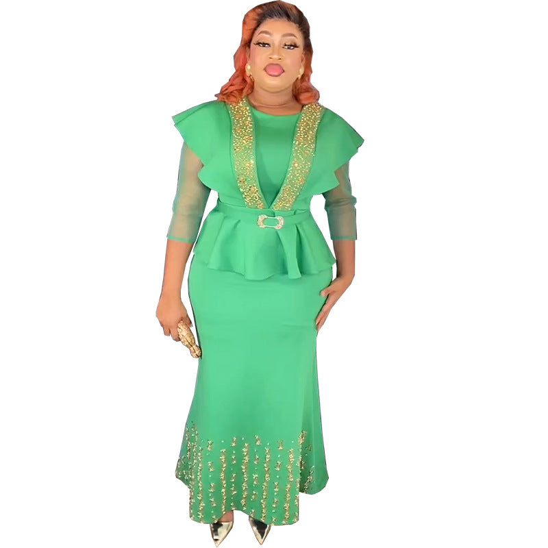 Special offer: african-style cinched waist top with beaded and rhinestone embellished solid color midi skirt - plus size european and american style dress