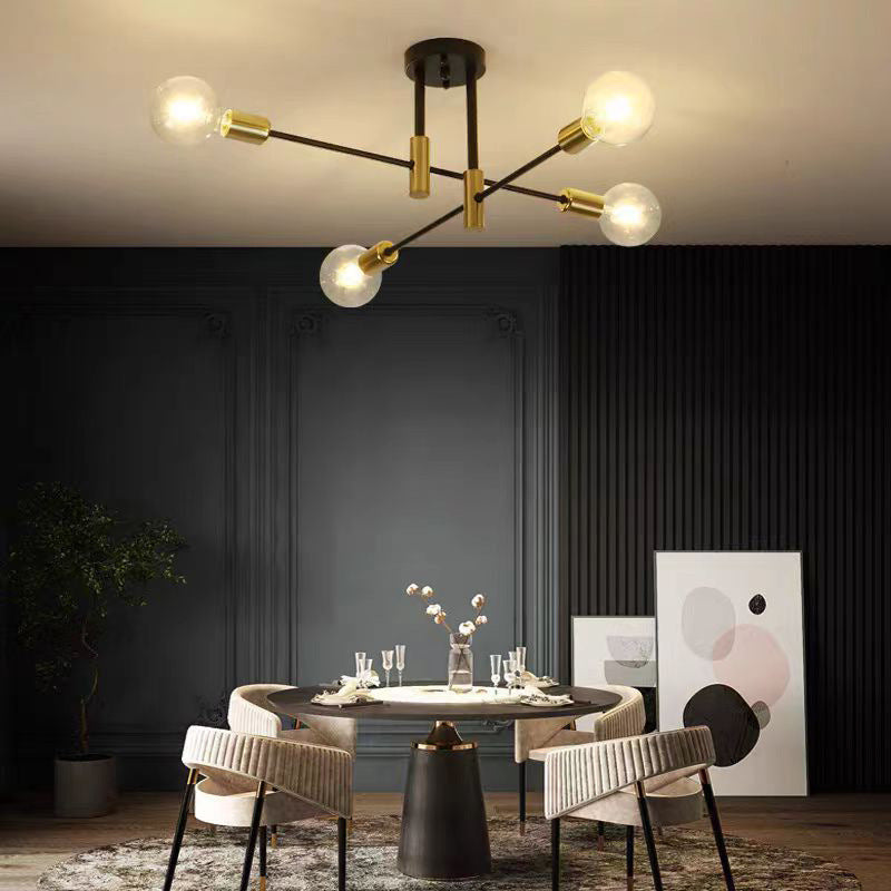 Nordic black gold 8-light linear ceiling light, modern minimalist iron art living room bedroom creative cross branch pendant lamp