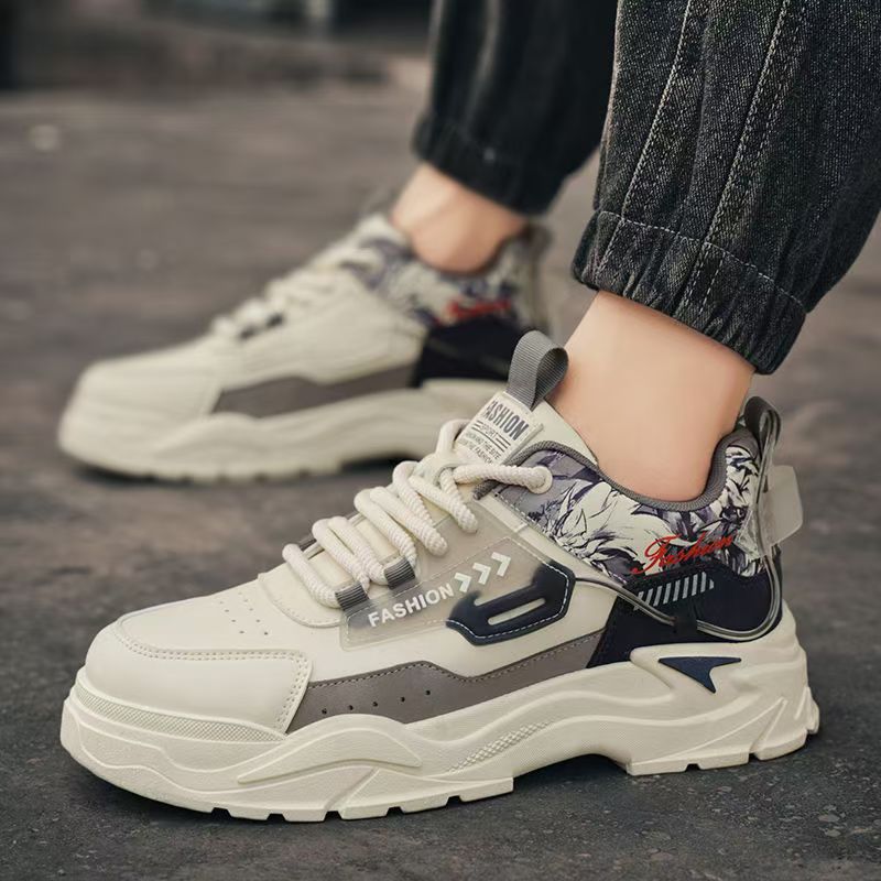 Men's 2025 spring new leather breathable casual sneakers, youth thick-soled height-increasing anti-slip work shoes