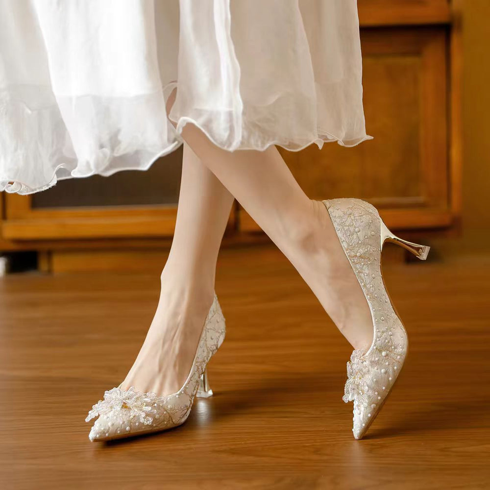 French-style pointed-toe pumps for women, 2026 rhinestone floral engagement, bridal, and bridesmaid shoes, stiletto high heels