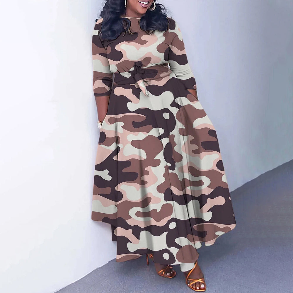 women's spring  new fashionable elegant tie-waist printed african plus size midi dress - export dress