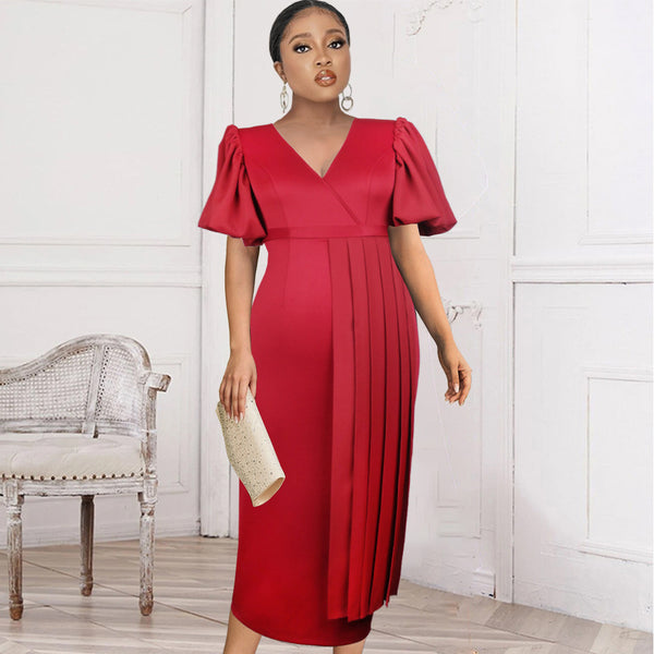 V-neck lantern sleeves high waist plus size slim fit hip pleated commuter one-step skirt, women's dress dress