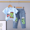New boys' dinosaur skateboard print short-sleeve cotton t-shirt and jeans two-piece set - trendy summer outfit for toddlers and young children