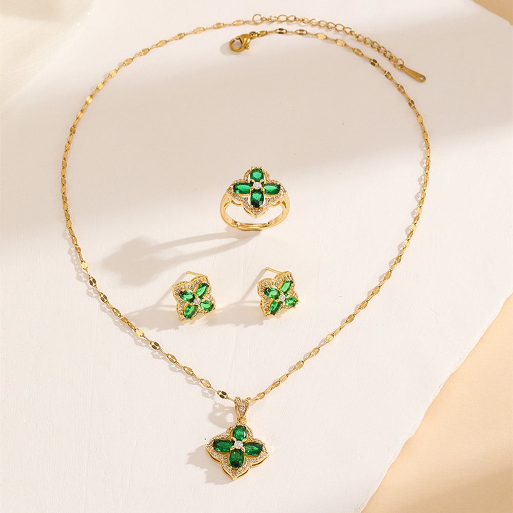 Women's jewelry: korean & japanese style fashionable & elegant new arrival - crisp green chalcedony four-leaf clover set: unique ring & choker necklace