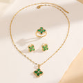 Women's jewelry: korean & japanese style fashionable & elegant new arrival - crisp green chalcedony four-leaf clover set: unique ring & choker necklace
