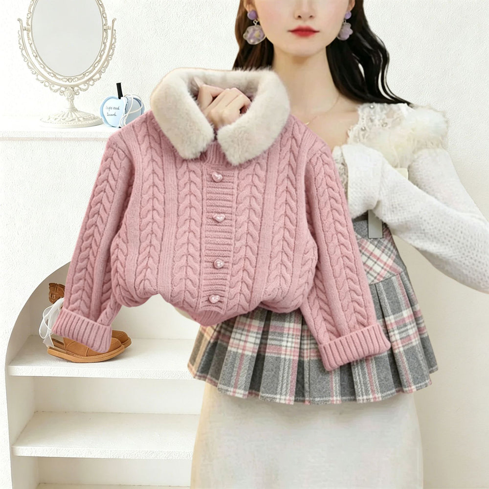 Girls' sweater set - new  winter collection: pink faux fur collar cardigan & wool blend plaid skirt two-piece set