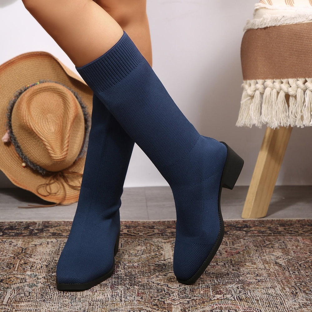 Exportplus sizefashion slim boots women's mid heel short boots knittingspring & fallsingle boots pointed thick heel women's flats