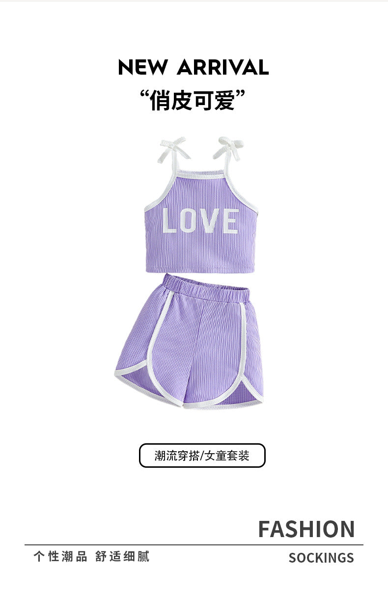 Summer kids' tank top set - vertical striped purple letter print sporty style - girls' solid color shorts two-piece outfit