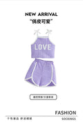 Summer kids' tank top set - vertical striped purple letter print sporty style - girls' solid color shorts two-piece outfit