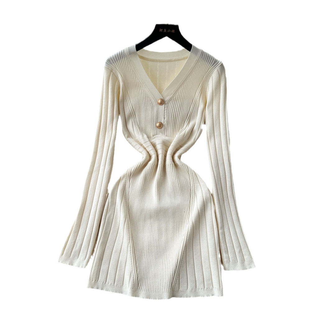 High-end women's dress  new french retro v-neck metallic buckle waist slimming inner layer knit dress
