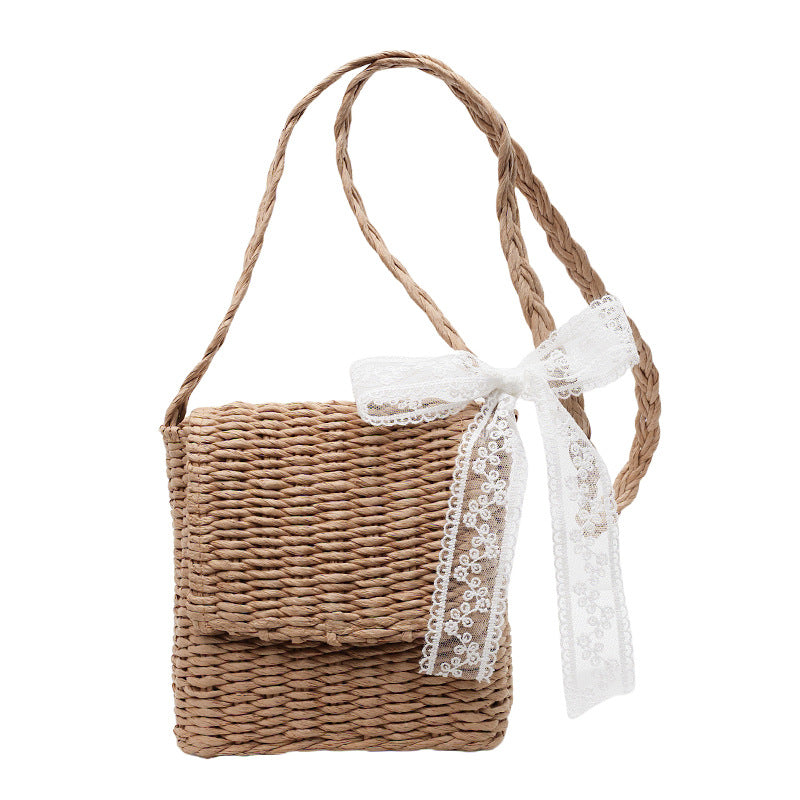 Cross-border small fresh straw woven women's bag handbag vacation woven bag beach bag girl shoulder messenger bag vegetable basket