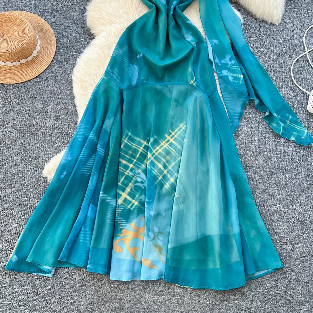 Blue gradient high-end elegant sleeveless dress - women's new slimming waist-defining vacation maxi dress - dopamine dress style