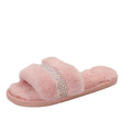 Trendy fuzzy slippers for women - new autumn/winter 2024 collection - rhinestone embellished, flat, casual, one-strap indoor cotton slippers