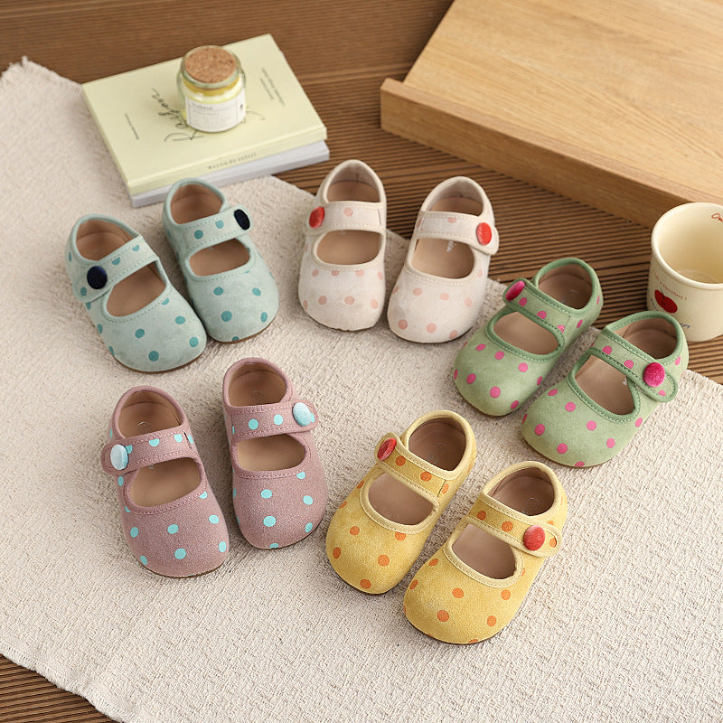 Vancahao girls' leather shoes,  autumn new collection, birkenstock-style fashionable and versatile polka dot shoes, outdoor children's footwear
