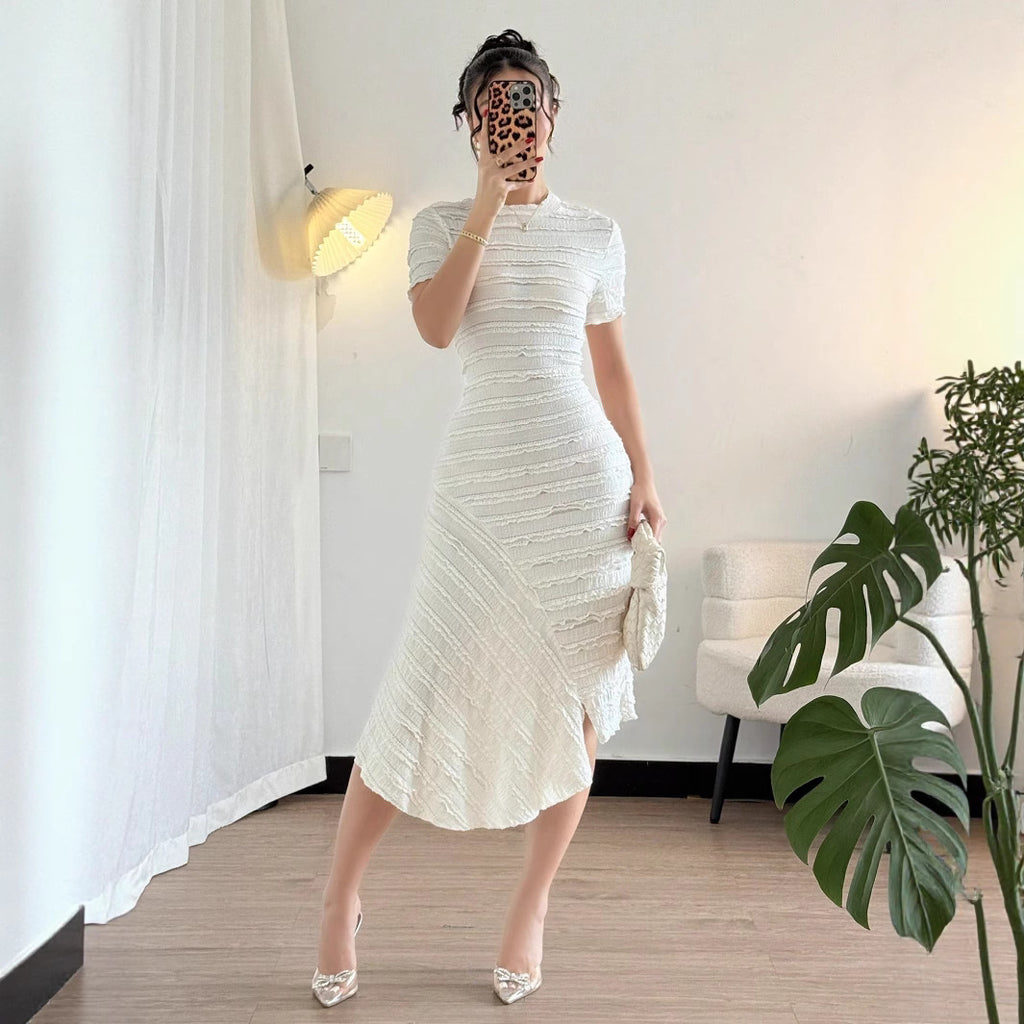 Elenzga European and American style turtleneck short sleeve high waist texture asymmetrical splicing mini jumpsuit