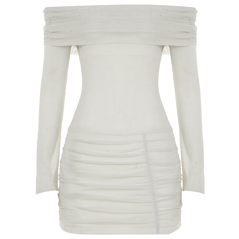 Cross-border European and American style women's sexy tube top skirt fine flash party one-word shoulder pleats hip wrap long sleeve dress short skirt