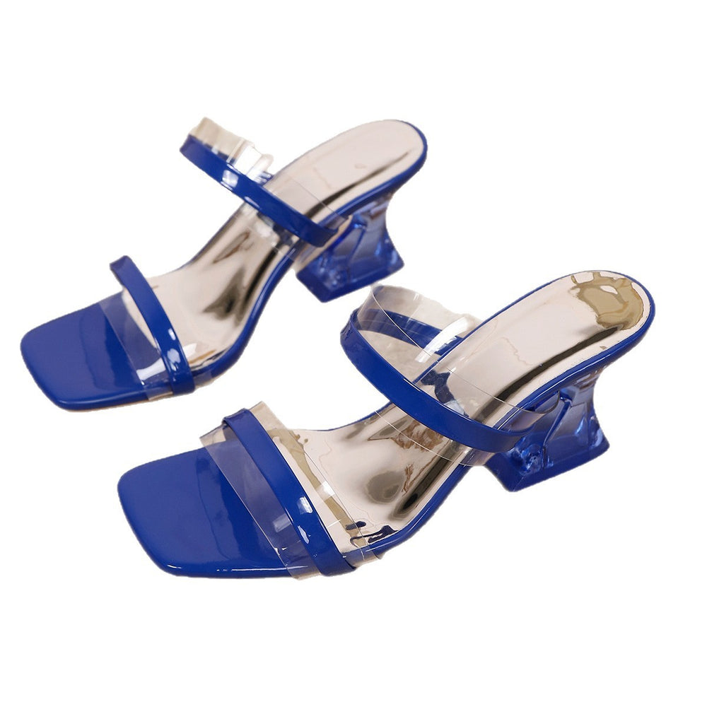 Export square toe transparent strap fashion high heels 2026 summer new arrivalplus size special-shaped heel elegant sandals and slippers for women 43